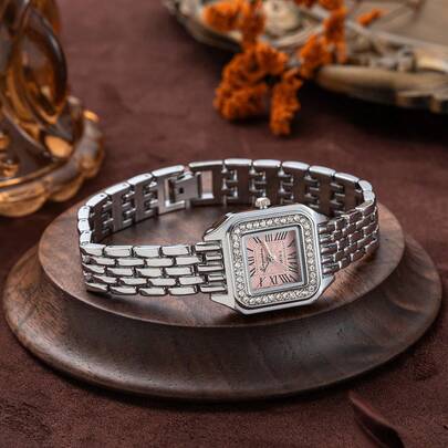 xinyunkou Fashionable Square Watch For Women, Stainless Steel Band With Rhinestones, Light Blue Small Dial, White Face, Luxury Petite Casual Bracelet Watch