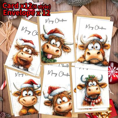 12pcs Merry Christmas Greeting Cards With Envelopes, Watercolor Cow Festive Cards For Holidays, Xmas Celebrations And Parties - New Year Wishes Cards, Suitable For Anyone