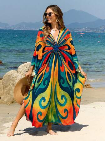 Bohemian Women's Long V-Neck Batwing Sleeve Dress, Stylish Loose & Comfortable Loungewear Kaftan