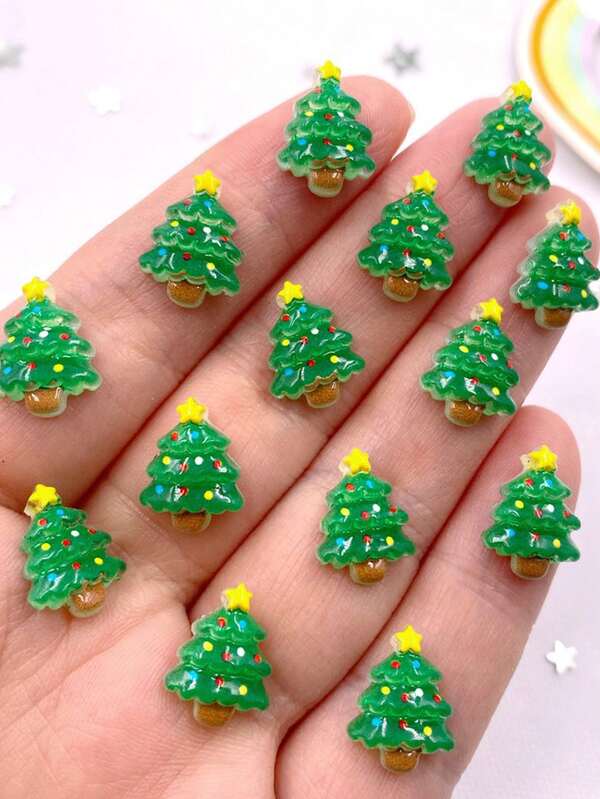 20 piezas de mini figuras de árbol de Navidad de resina con diamantes de imitación planos, accesorios de manualidades DIY para scrapbooking, en colores variados