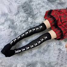 Skull Print Thigh Socks, Halloween Cosplay Knee Socks, Women's Stockings And Music Festival Socks - 黑色 - 查看 6