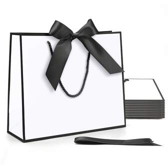 24 Thank-You Gift Bags With Handles 11.8 X 10 X 4 Inches Elegant Bow Tie Gift Bags For Wedding, Bridal Shower, Birthday, Graduation Party Supplies (White, Black)