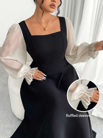 优雅大码修身喇叭长裙，透明泡泡袖，方形领口