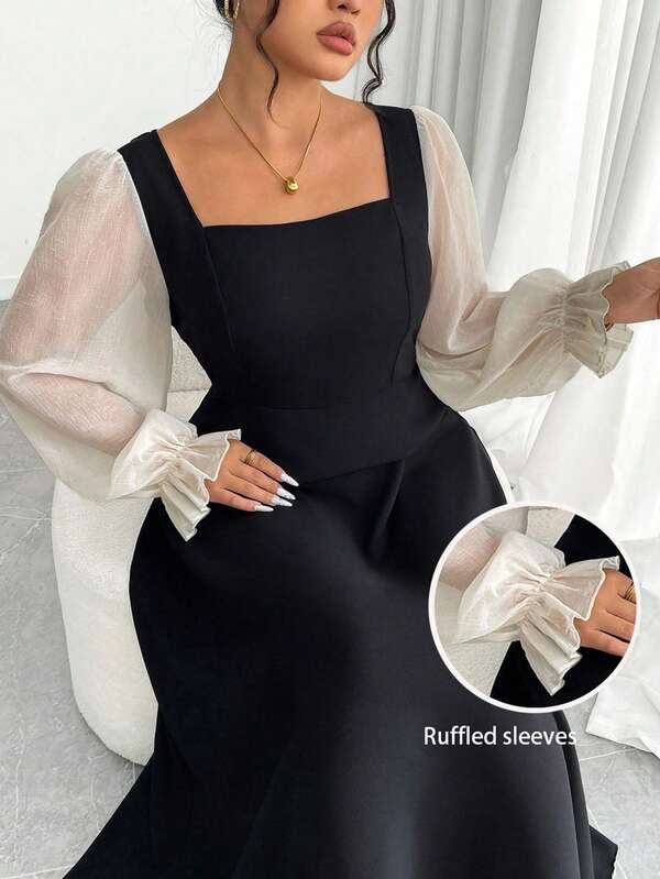 Elegante vestito lungo taglio a campana con taglie comode, maniche a sbuffo in tessuto trasparente e scollo quadrato per taglie forti