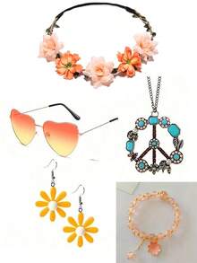 5pcs/Set Hippie Style Accessories Set: Peace Sign Necklace, Daisy Earrings, Flower Headband, Sunglasses, 60s Fashion Halloween - Blue - View 21