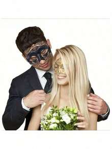 情侣化妆舞会面具 - 罗马和希腊风格黑金男士面具和威尼斯金属女士面具，蕾丝优雅女士面具，适合万圣节、狂欢节、情人节、圣诞节、威尼斯节日、角色扮演、时尚活动、时装秀、化妆舞会主题派对和晚宴活动，情侣服装派对装饰，主题活动配饰，精美图案设计金属质感 - 金色 - 查看 9