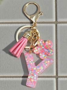 1pc Pink Sequin Letter Keychain Resin Pendant Keyring With Flower Tassel Decoration, Suitable For Women, Friends, Classmates As A Decoration, Fashionable And Creative Design Birthday Accessory, Bag Charm, Women's Fashion Jewelry, Metal Keychain, Creative Christmas Gift Ideas Bag Charms Car Accessories Teacher Sister - Pink - View 24