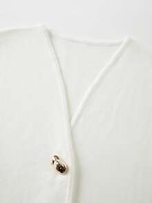 FOR BEAUTY V-Neck White Fashionable Business Elegant Commuter Knit Sweater, Women New Solid Color Minimalist Long Sleeve Waist Fitted Cardigan, Casual Everyday Wear, New Year - White - View 6