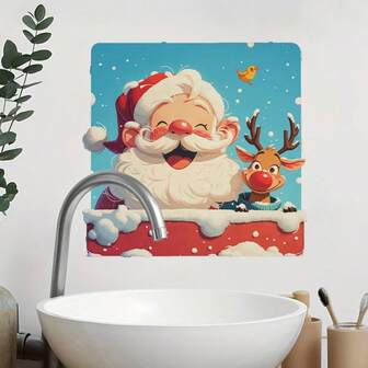 Pegatinas de pared navideñas, diseños de Papá Noel y renos de dibujos animados, autoadhesivas fáciles de aplicar y quitar, adecuadas para decoración del hogar, tienda o tienda en puertas correderas y puertas de cristal, perfectas para decoraciones de fiestas navideñas