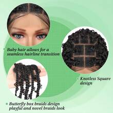 Square Knotless Butterfly Box Braided Wigs With Boho Curls For Women 36 Inches Full Double Lace Frontal Wig With Baby Hair Natural Parting Synthetic Braiding Wigs Daily Used