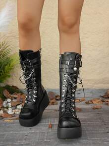 Damskie buty do biegania w stylu punkowym jesień/zima 2025, grube, okrągłe, z bocznym zamkiem błyskawicznym i grubym dnem, czarne, regulowane, płaskie buty z klamrą, damskie wysokiej klasy, do pracy na świeżym powietrzu, lekkie, antypoślizgowe, za kolano