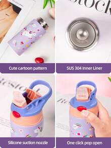1 pièce Bouteille thermique imprimée de dessin animé en acier inoxydable, tasse thermique réfrigérante, gourde isotherme avec paille en silicone, bouteille d'eau portable - Bouteille d'eau multifonctionnelle, pour voyages, camping, fournitures scolaires
