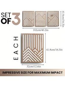 3pcs Rustic Wooden Wall Art - Large Geometric Mountain And Sun Sculptures, Set Of 3, Boho Indoor Home Decor Accent For Living Room, Bedroom, Office With Easy Installation Gifts Birthday Graduation