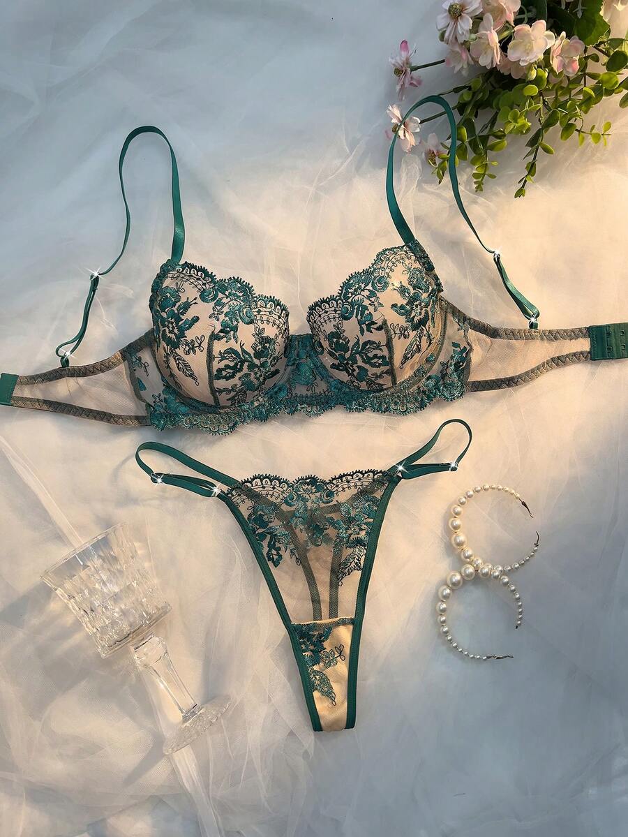 European Blue Style Floral Embroidery Sexy Lingerie Set, Two Piece Set Women,Single-Layer Sheer Bra And Thong, Breathable Underwire Bra And Panty Set, Couple IntimateApparel ,Club Outfits Women Sexy ,Lenceria Sexy Para Mujer - Màu xanh lá cây đậm - Xem 1