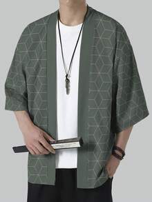 Cárdigan kimono casual holgado con estampado geométrico de estilo chino para hombres - Verde Oscuro - Ver 5