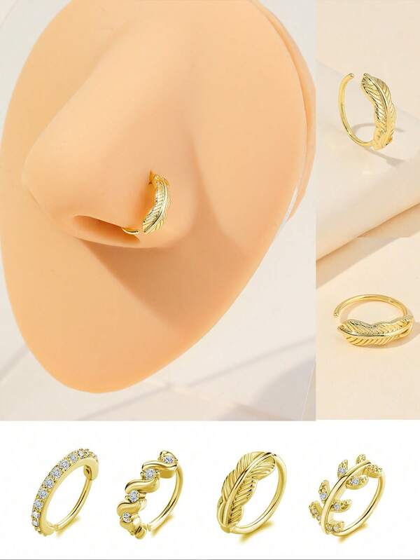 1 Pc Multi-Piece Fashion Versatile Silver & Gold-Toned Feather, Cubic Zirconia & Leaf Detail Nose Ring Set For Daily & Festival Celebration