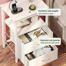 Mesita de noche con estación de carga, mesita de noche LED con 2 cajones de tela y estante de almacenamiento para dormitorio, mesita de noche con puerto USB y enchufe, adecuada para sala de estar / dormitorio - Blanco - Ver 5