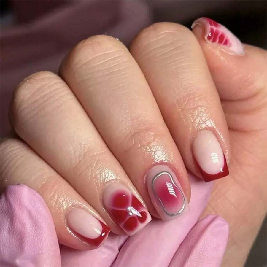 Press On Nails Short Square Fake Nails Red French Tip False Nails With Flower Design Glue On Nails Ombre Acrylic Nails Glossy Full Cover Stick On Nails For Women Manicure 24Pcs - Dark Red - 查看 1