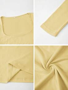 Vaiaye 女士春夏性感修身长袖针织上衣，纯色方领T恤，休闲百搭，简约日常休闲装 - 黃色 - 查看 11