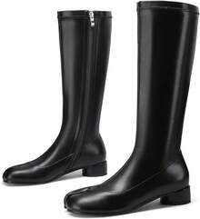 Women Fashion Knee High Stretched Leather Boots Split Toe Round Block Heels Tabi Shoes Side Zipper Black Mid Calf Bootshalloween - màu đen - Xem 9