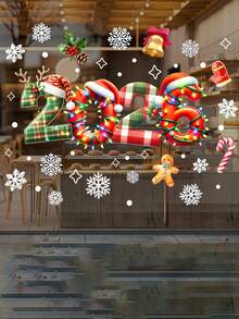 1 Set Pegatinas de ventana con copos de nieve para Navidad 2026 para tiendas, vitrinas, dígitos de vidrio para Navidad 2026, hombre de jengibre, copos de nieve, pegatinas de vidrio con patrón de bambú para decoración del hogar, decoraciones navideñas, decoración de habitación de invierno