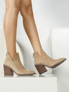 2024新款法式踝靴女款，英伦风秋冬新款尖头粗跟踝靴，后拉链设计 - 深杏色 - 查看 5