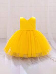 Baby Girls V-Neck Backless Bow Mesh Satin Cute Flower Girl Dress, Suitable For Birthday Party, Holiday, Travel, Does Not Include Headband - Yellow - View 4