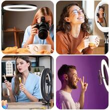 这款10英寸LED自拍环形灯套装包含一个43英寸可调节高度的三脚架和两个通用手机夹。它配备可调节亮度旋钮，并采用USB供电。非常适合化妆、视频录制和万圣节派对直播。这款通用稳定器支持DIY环形灯，并兼容各种相机。适用于摄影、视频录制、直播、Zoom会议、Vlog等场景。 - 黑色 - 查看 9