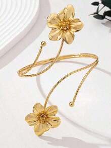 1pc European & Punk Style Exaggerated Alloy Metal Multi-Color Enamel Floral Bracelet, Fashionable And Cool For Summer. Colorful Floral Arm Chain, Suitable For Women Daily Wear, Various Holidays, Mother's Day Gift, Social Events, Beach Vacation Jewelry - 金色 - 查看 2