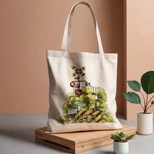 1pc Railway Crossing Canvas Tote Bag - Reusable Grocery Bag With Vintage Train Design, 13.8x15.8 Durable Polyester Canvas, Leak-Proof Shopping, Commuting, Beach & Travel - Train Enthusiasts, Large Travel Tote Bag, Railway Crossing Design