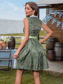 Bayerisches Oktoberfest Damen Set - olivgrünes Jacquard Trägerkleid mit bestickter Spitzenlatze, geeignet für deutsches Bierfest, Dienstmädchenkostüm, Cosplay und mehr - Armeegrün - Übersicht 2
