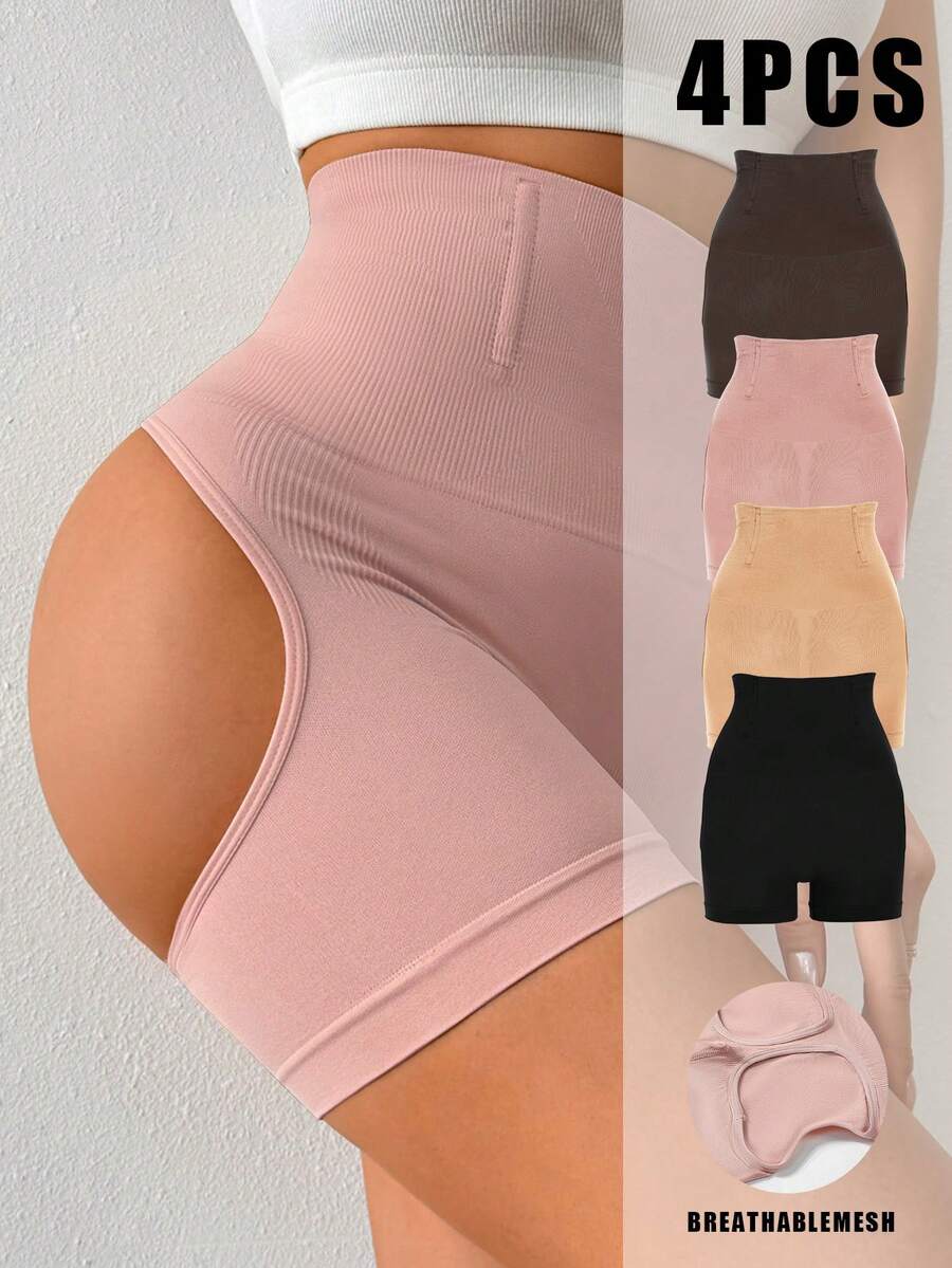 4PCS Tummy Control Tummy Control Shapewear, With Tummy Control And Hip Lifting Functions, Seamless Tummy Control Compression Shapewear, Women's Solid-Color Medium-Support Thin Pants, Women's Underwear And Shapewear​ ﻿ - Màu hỗn hợp A - Xem 1