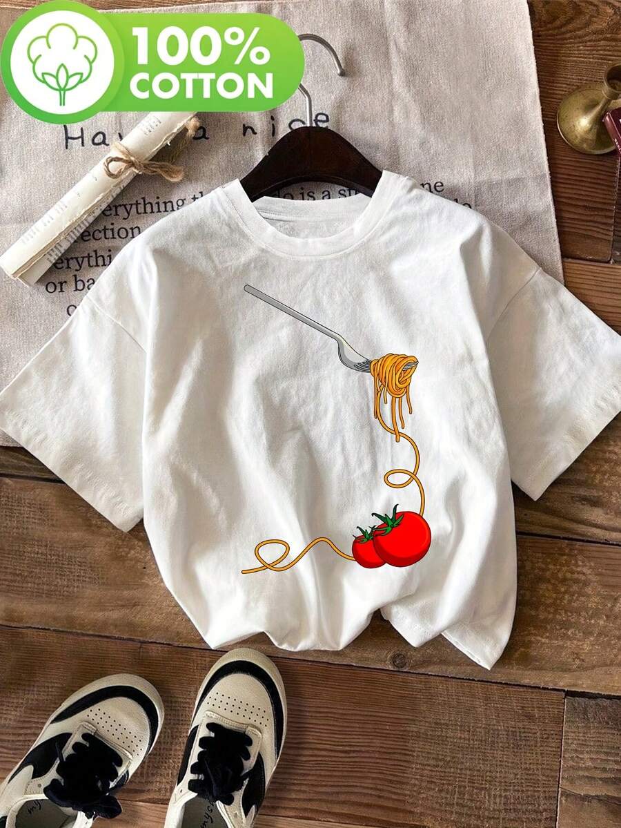 Camiseta Casual De Mujer Con Estampado De Espagueti Y Tomate Italiano - Negra Con Tomates Rojos, Cuello Redondo Suave, Ropa Cómoda Para El Día A Día, Lavable En Máquina, Diseño Divertido, Manga Corta, Estilo Relajado, Moda Actualizada, Ideal Para Amantes De La Cocina Italiana - blanco - Ver 1