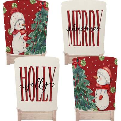 1 pieza/4 piezas/24 piezas Funda protectora para respaldo de silla con diseño de copos de nieve, árbol de Navidad y muñeco de nieve, lavable para decoración del hogar, restaurante, sala de estar y cocina