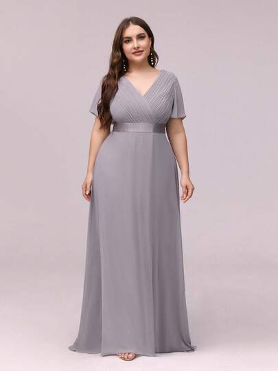 Plus Size Elegant V-Neck Ruched Bust Grey Bridesmaid Dress, Wedding Guest Formal Dress