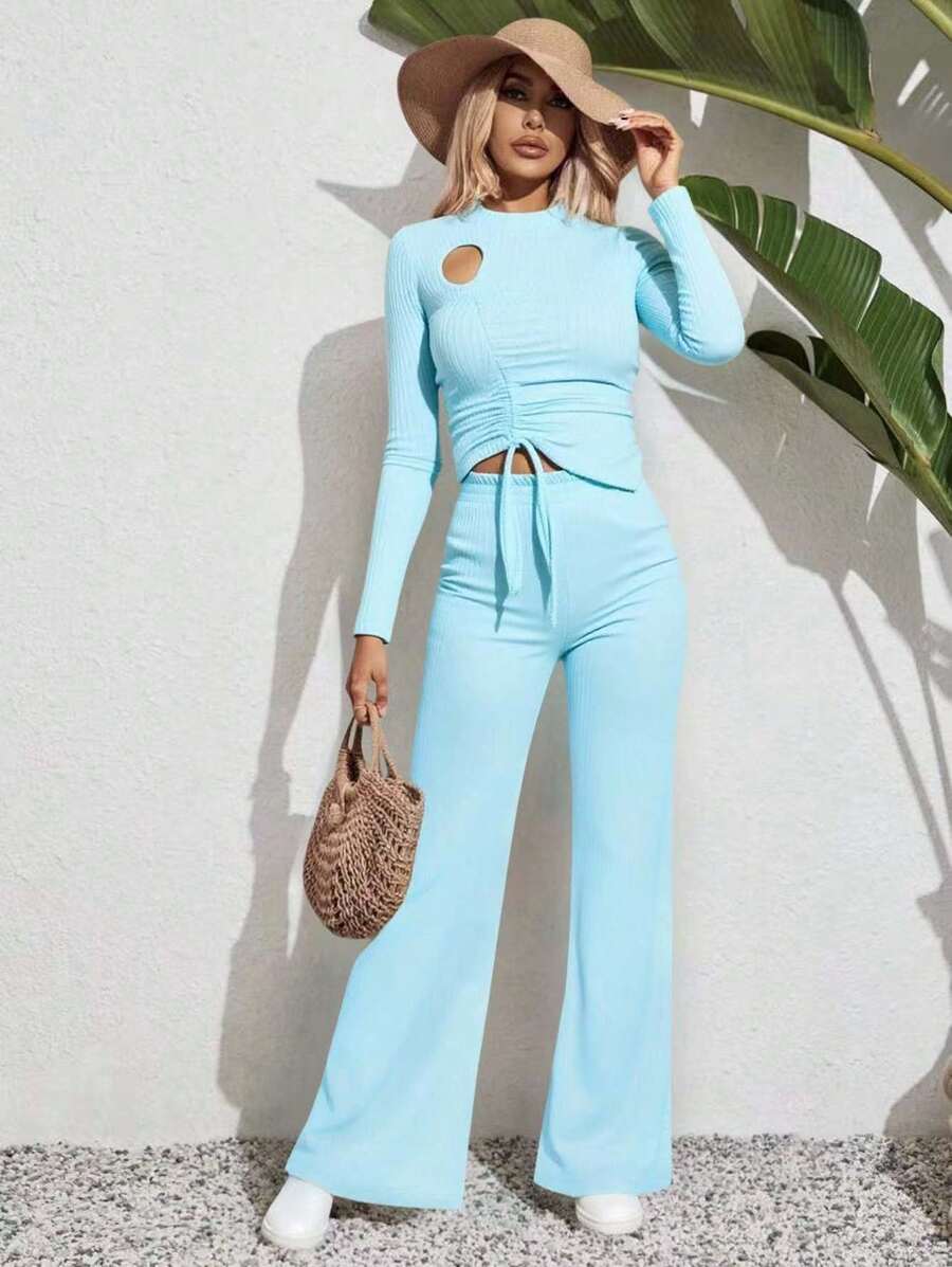 Conjunto ajustado de 2 piezas tela cómoda unicolor asimétrico casual de mujer de moda - Azul - Ver 1