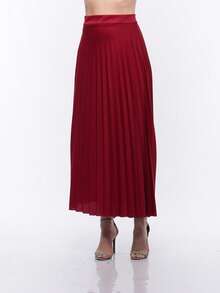 Long Pleated Skirt, Plain, Fashion 2025 - 酒紅色 - 查看 5