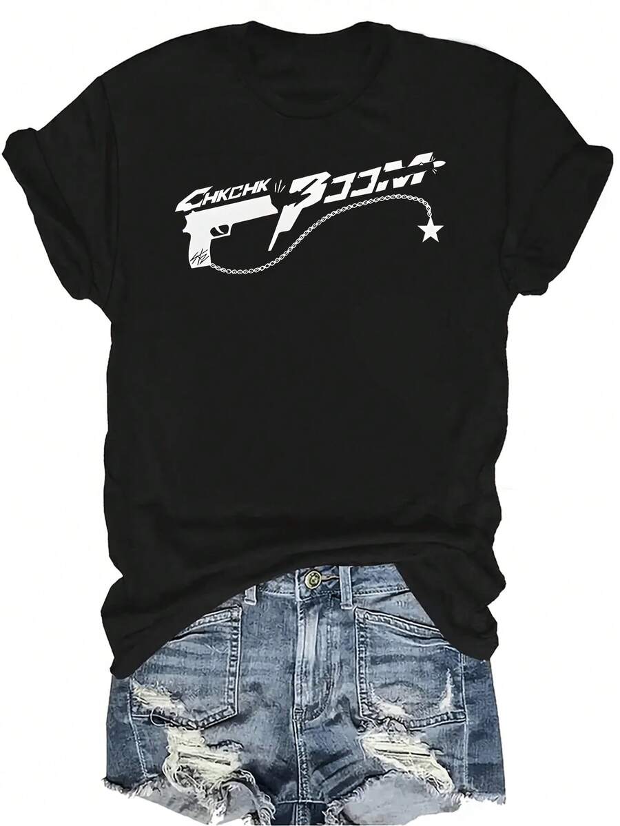Camiseta con estampado de arma para mujer y unisex, de verano, casual, transpirable, de personalidad, cuello redondo, manga corta, ropa de calle, versátil, adecuada para adolescentes y adultos - Negro - Ver 1