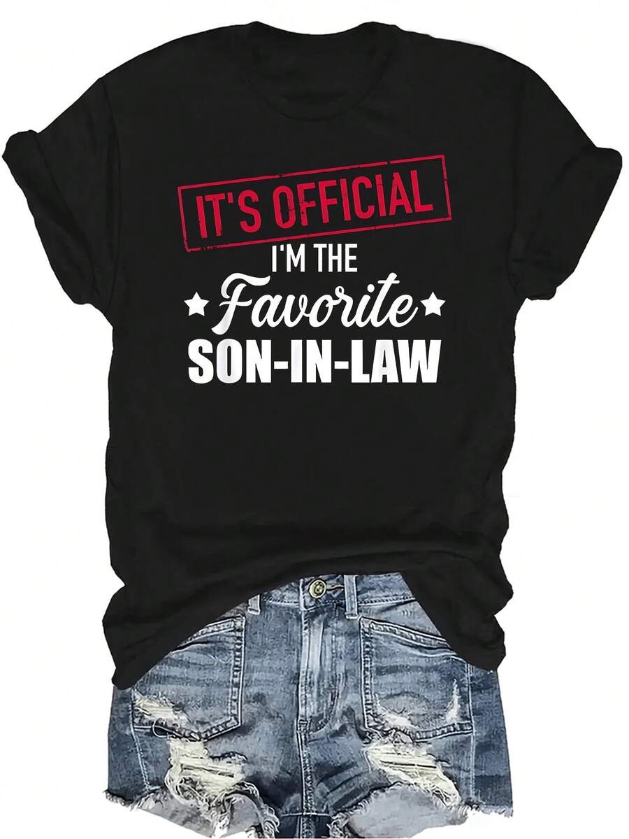 Camiseta favorita del yerno para la suegra o el suegro, unisex, de verano, casual, transpirable, con personalidad, cuello redondo, manga corta, ropa de calle, versátil, adecuada para adolescentes y adultos - Negro - Ver 1