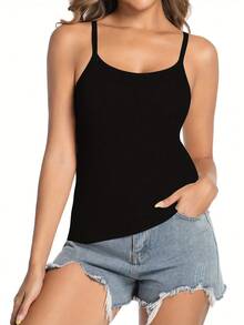 1/4-Piece Women's Built-In Bra Tank Top - Seamless Long-Sleeve Top, Soft And Stretchy Fabric In Solid White/Gray/Black/Beige, Versatile Strapless Layered Styling For Casual Wear, Smooth Texture Basic Style, Breathable Material, A Wardrobe Essential. - 黑色 - 查看 4