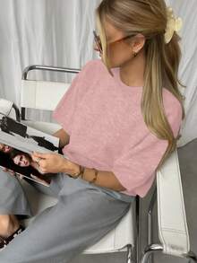 Áo len nữ tay ngắn cổ tròn, màu trơn, kiểu dáng thanh lịch, thích hợp cho mùa xuân/hè, mặc hàng ngày hoặc đi làm. - Hồng - Xem 4