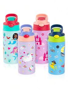 1 pièce Bouteille thermique imprimée de dessin animé en acier inoxydable, tasse thermique réfrigérante, gourde isotherme avec paille en silicone, bouteille d'eau portable - Bouteille d'eau multifonctionnelle, pour voyages, camping, fournitures scolaires