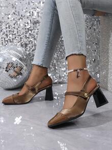 2025 春夏新款复古方头法式高跟凉鞋，时尚包头高跟鞋，性感优雅玛丽珍鞋，粗跟露背漆皮休闲/正式高跟鞋 - 淺棕 - 查看 8