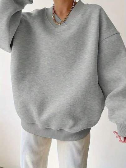 Moletom feminino casual minimalista, cor sólida, gola em V, manga comprida, solto, uso diário