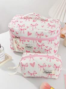 1Pc/Set Pink Heart & Bowknot Wash And Cosmetic Bag Set,Girls Sweet Large Capacity Multifunctional Storage Bag Clutch Makeup Bag Makeup Pouch Pencil Case With Zipper Closure For Skin Care,Cosmetics,Lip Oil,Sunscreen Cream,Hand Cream,Headset,Coin,Stationery,Sanitary Towel,Tampon,Small Items,Dorm Essentials Travel Essentials,Mom's Gift,Teacher's Gift,Gift For Bestie - Multicolor - View 14