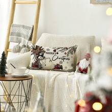 1 față de pernă cu imprimeu de Crăciun fericit, om de zăpadă și pin, imprimare pe o singură față, în stil rustic, asemănător inului, fără inserție de pernă, închidere cu fermoar, decor de casă de Crăciun și iarnă, potrivit pentru sufrageria sau dormitorul de sărbători, decorarea canapelei, decorul lenjeriei de pat