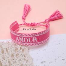 1 件手工刺绣法国“AMOUR”创意复古风格手链，适合情侣、节日礼物、祝福绳 - 粉色 - 查看 5