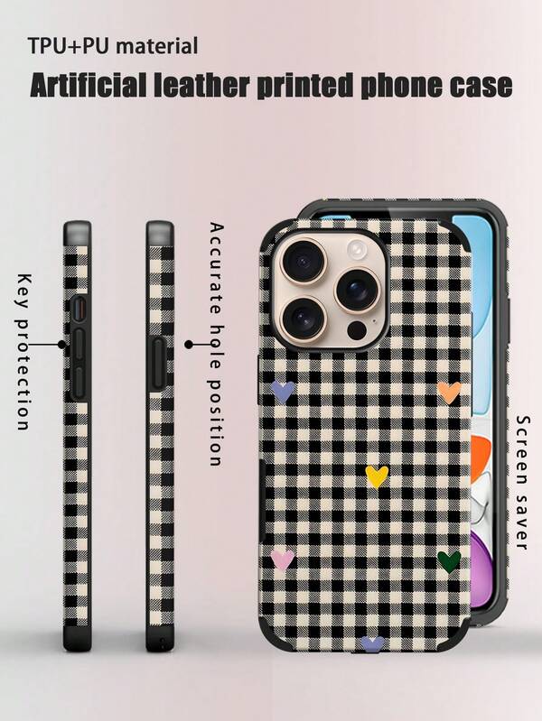 غطاء هاتف بنمط مربعات قلب رجعي مطبوع، مقاوم للصدمات وللغبار، بتصميم مطبوع ملون وبتقنية لصق الجلد، مع فتحة سماعة دوارة للصوت، مناسب لأجهزة 16 Pro Max 13/11/12/14Plus/15pro/16 Promax، بنمط مربعات عيد الميلاد من ألياف فائقة الجودة والجلد الصناعي PU