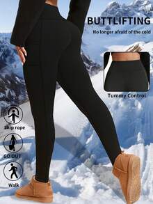 1件秋冬季保暖瑜伽裤，修身腰部休闲瑜伽运动紧身裤，带侧袋 - 黑色 - 查看 3