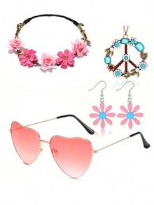 5pcs/Set Hippie Style Accessories Set: Peace Sign Necklace, Daisy Earrings, Flower Headband, Sunglasses, 60s Fashion Halloween - Blue - View 23
